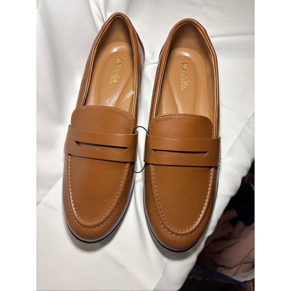 Kensie Penny Loafer Gitty Slip-on Driver Shoes Faux Smooth Leather Cognac - Picture 2 of 11